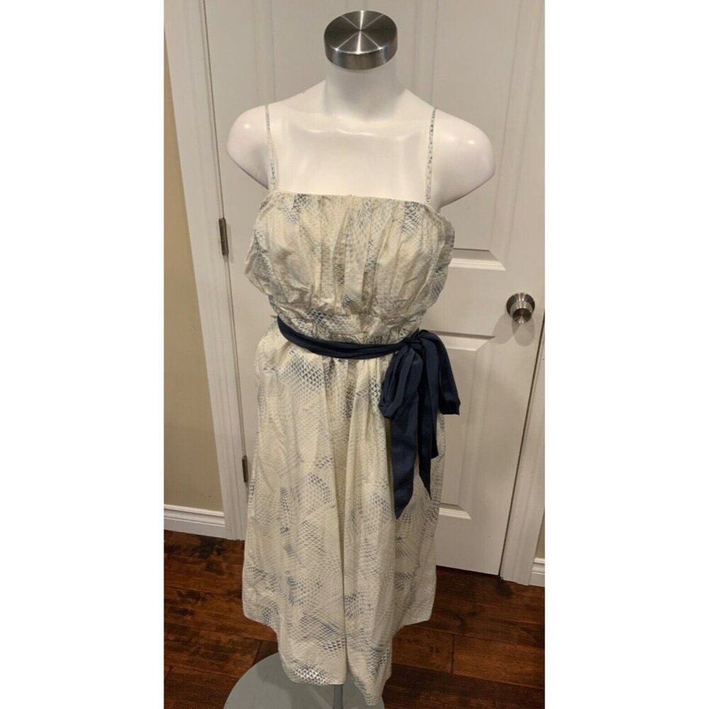 Edme & Esyllte White & Blue Geometric Print Belted Fit & Flare Dress, Size 12